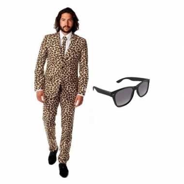 Verkleed bruin luipaard print heren pak maat (xl) gratis zonnebril