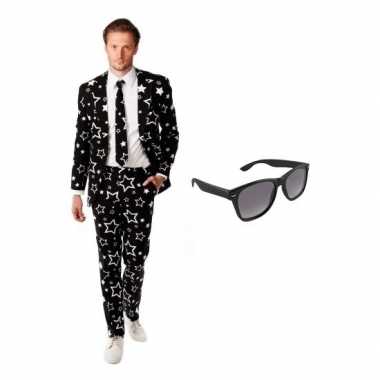 Verkleed zwart sterren print heren pak maat (xl) gratis zonnebril