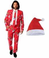 Heren opposuits kerst pak rood kerstmuts maat l